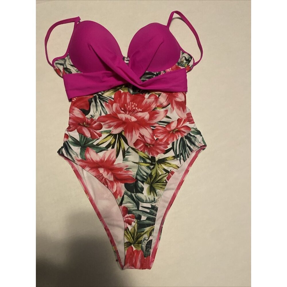 Women's Swimsuit One Piece Pink & Flowers Body Contouring Size L  NWOT Unbranded - Picture 3 of 9